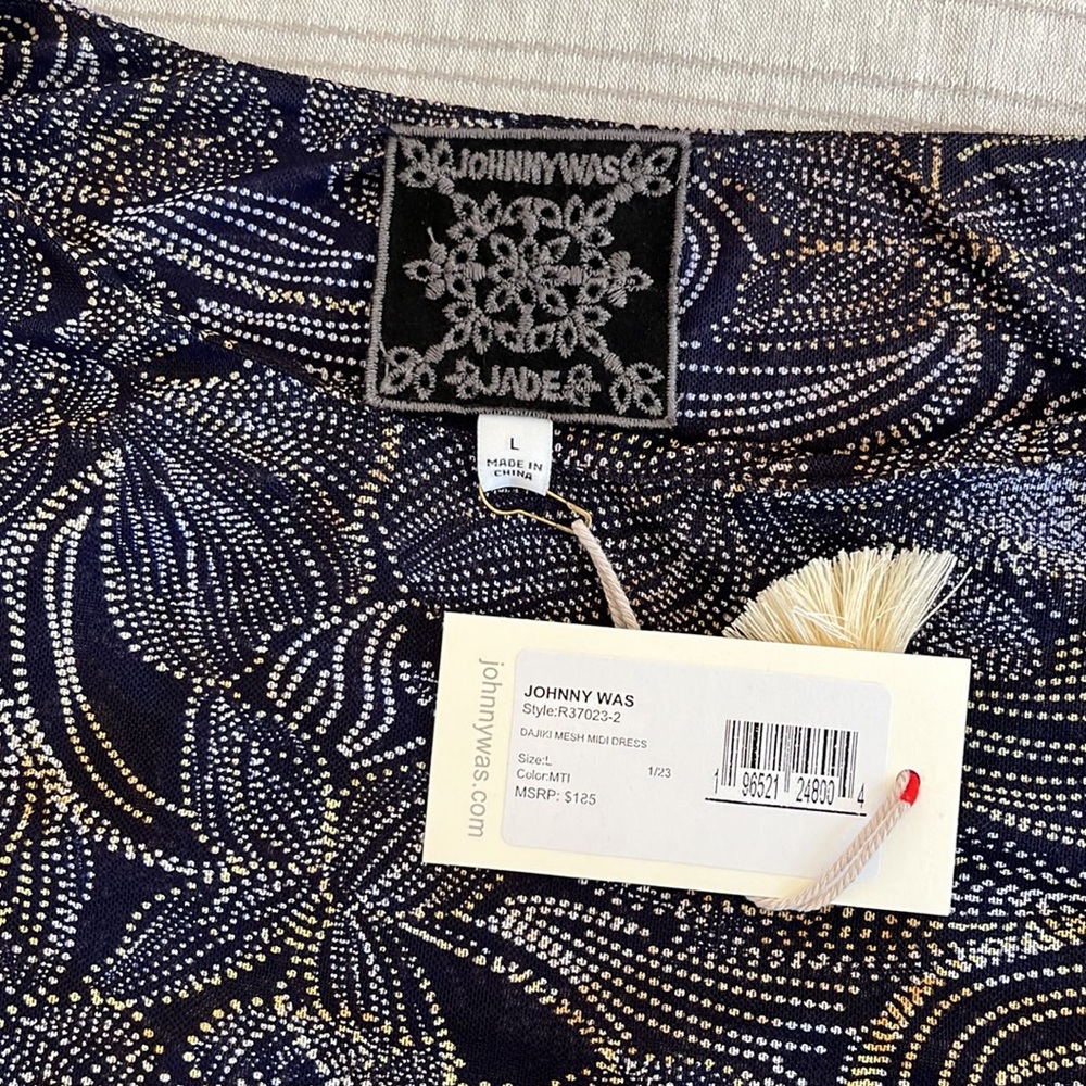 Women’s Johnny Was Dajiki Mesh Mindi Dress, navy size large NWT